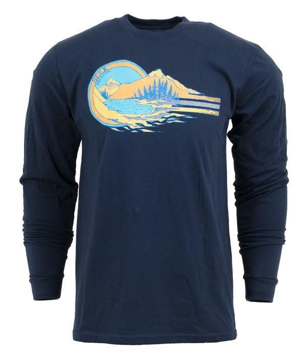 Mens Unisex alpine lake hiking backpacking long sleeve t-shirt navy organic cotton recycled polyester made in the usa