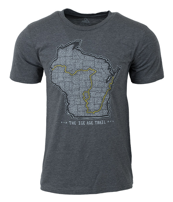 Mens Ice Age Trail outdoor artist series organic "trail map" t-shirt grey