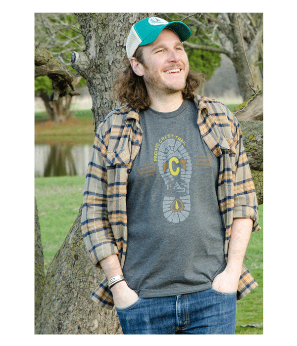 Pacific Crest Trail PCT Mens Unisex boot print t-shirt navy organic cotton recycled polyester made in the usa