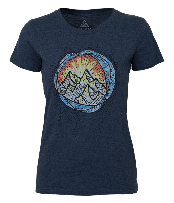 Womens Seek Dry Goods outdoor artist series "alpine glow" t-shirt navy