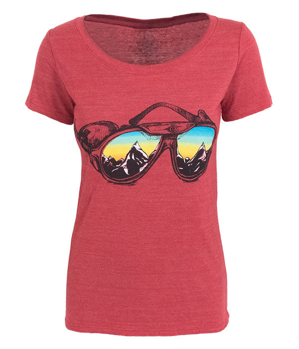 Womens Seek Dry Goods outdoor artist series "glacier glasses" tri blend t-shirt red