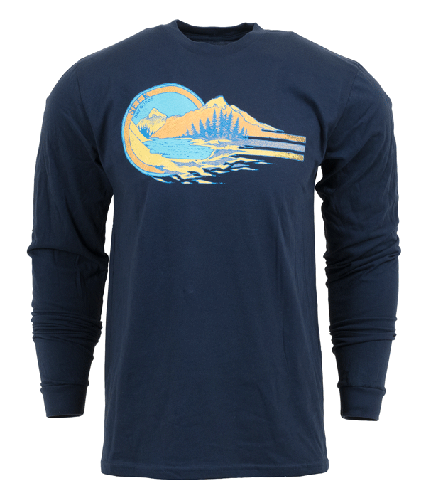 Mens Unisex alpine lake hiking backpacking  long sleeve t-shirt navy organic cotton recycled polyester made in the usa