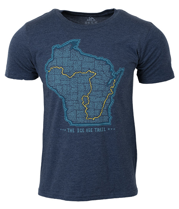 Mens Ice Age Trail outdoor artist series organic "trail map" t-shirt navy
