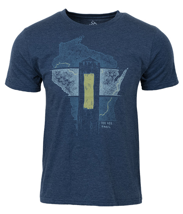 Mens Ice Age Trail outdoor artist series organic "Yellow Blaze" t-shirt blue