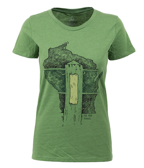Womens Ice Age Trail outdoor artist series organic "yellow blaze" t-shirt green