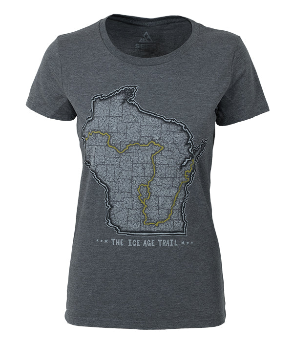 Womens Ice Age Trail outdoor artist series organic "trail map" t-shirt grey