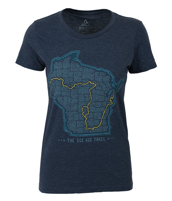 Womens Ice Age Trail outdoor artist series organic "trail map" t-shirt navy