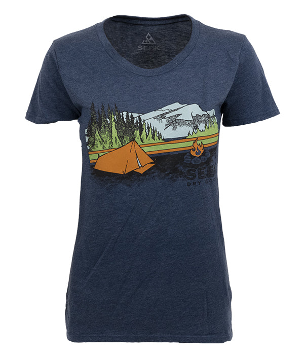 Womens outdoor artist series organic "fireside camp" t-shirt navy